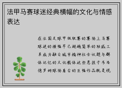 法甲马赛球迷经典横幅的文化与情感表达