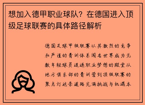 想加入德甲职业球队？在德国进入顶级足球联赛的具体路径解析